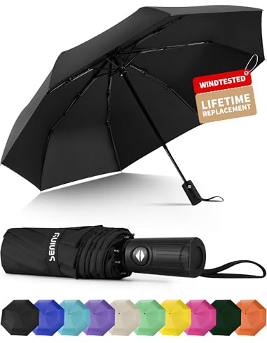 Seniny Windproof Travel Umbrella, Automatic Umbrellas for Rain, Portable & Compact Umbrellas for Backpack, Strong UV for Protection, Folding Small Sun Umbrella for Car, Walking, Black