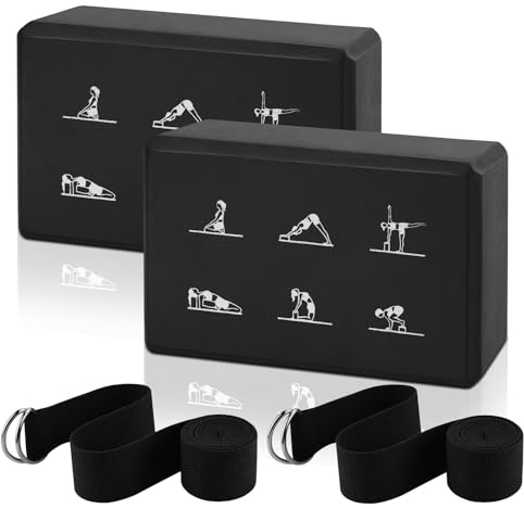 2 Yoga Block and Yoga Strap Set, High Density EVA Foam Blocks, Non-slip Yogas Bricks with 6ft Strap, Supportive Latex-Free Yogas Blocks Kit to Improve Balance(9×6×3) (Black)