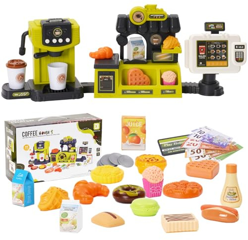 44 PCS Macchina Caffe Giocattolo,Negozio Giocattolo per Bambini Accessori da Cucina con Macchina da Caffè,Registratore di Cassa Giocattolo,Cibo Finto,Soldi Giocattolo,Regali per Bambine e Bambini.