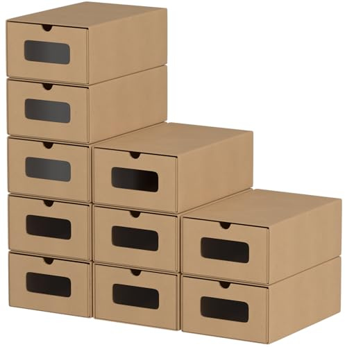 Hebitod Lot de 20 boîtes de rangement à chaussures marron pur avec fenêtre – Boîte de rangement pliable empilable pour chaussures en carton kraft pour jusqu'à la taille 45