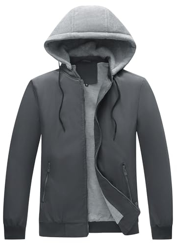 KUDORO Blouson Homme Léger pour Printemps Été avec Capuche Amovible Zippée Veste d'Extérieur Casual Bomber Coupe-Vent de l'Aviateur Classique(Gris foncé,XXL)