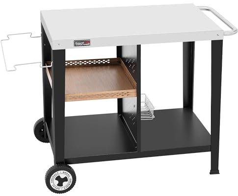 Royal Gourmet Grilltisch mit 85x50 cm Edelstahlplatte, 3-Etage Grillwagen für Tischgrill und Pizzaöfen, Rollwagen mit Griffen, Müllbeutelhalter & Aufbewahrungsregalen, Einfaches Reinigen & Bewegbar