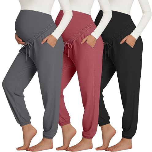 Sweetyweee 3 Pack Women's Maternity Pants Over The Belly Pregnancy Joggers Stretchy Drawstring Leggings with Pockets(Pure Gray, Watermelon Red, Black,XX-Large)