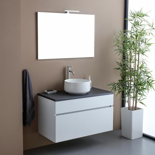 Kiamami Valentina - Mobile bagno sospeso 90cm per lavabo appoggio e specchio 90x60 | Sole