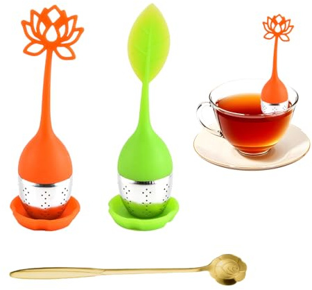 VYNZOR Infusore per Tè Sfuso, 2 Pezzi, Acciaio Inox e Silicone, con Manici, Design Moderno a Forma di Foglia, Colino da Tè con Coperchio e Piattino, Filtro per Tè, Lavabile in Lavastoviglie