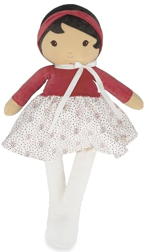 KALOO - Tendresse - Ma 1ère Poupée en Tissu Emilie - Poupée de Chiffon 80 cm - Jupe en Micro Velours & Cache-cœur Rouge - Ruban Personnalisable - Dès la Naissance, K200023