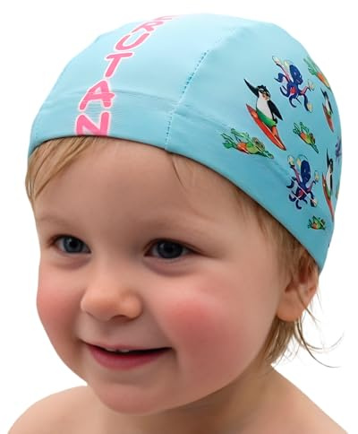 IMSPIRA Gorro de Natación Bebé Unisex 0–18 Meses | “Natural Born Swimmer” Azul con Lema Fucsia | Pulpo waterpolista, pingüino Surfista y Rana nadadora | Piscina y Playa