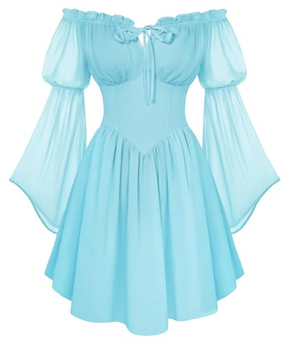 SCARLET DARKNESS Women's Renaissance Corset Dress Summer Off Shoulder Mini Dresses Chiffon Long Sleeve Flowy Fairy Dress Light Blue XL