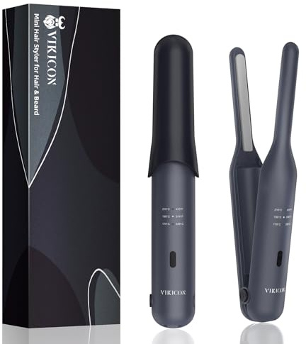 VIKICON Beard Straightener for Men with 3 Heat Settings, Thin Hair Curler | Cordless Rechargeable Pencil Straighteners and Curler, Portable for Beard, Short Hair, Pixie Cuts, Daily Hair Styling, Black