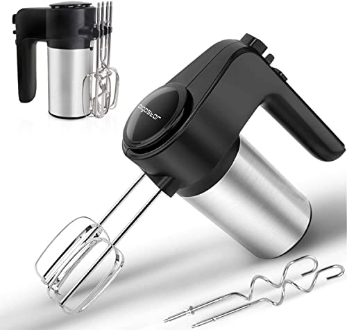 Aigostar Hanson - Batidora de Varillas con 6 Velocidades y Función Turbo, Batidora Amasadora Reposteria con 2 Varillas y 2 Ganchos para batir, 300W Negro,Acero inoxidable,Libre de BPA.