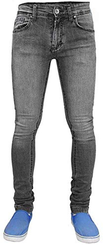 True Face Mens Jeans Skinny Denim Pants Stretch Fit Trouser Zip Fly Elasticated Cotton Bottoms Casual Wear 5 Pockets (34W / 32L, TF021 - Grey)