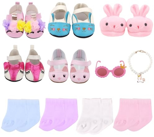Augfrog 18 Inch Doll Accessories Set with 5 Pairs Shoes, 4 Pairs Socks, Sunglasses and Necklace for Girl Dolls, Cute Dress Up Kit for Kids Birthday Gift