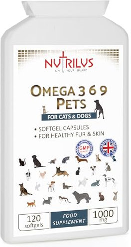 Nutrilus Pet Omega 369 For Cats And Dogs - 120 Softgel Capsules 1000mg with Omega 3 6 9 - Skin And Coat - Immune System - Heart - Anti-Inflammation