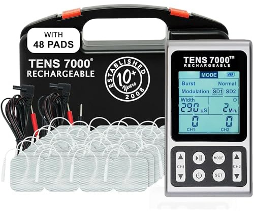TENS 7000 Rechargeable TENS Unit Muscle Stimulator, 48 Pack Electrodes and Pain Relief Device - Advanced TENS Machine for Effective Back Pain Relief, Nerve Pain Relief, Muscle Pain Relief