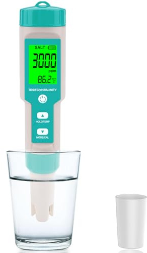 Aquarium Salt Tester -Pool Salt Tester, Versatile 5 in1 Salinity, PH, TDS, EC, and Temperature Meter, Digital Salinity Tester for Saltwater Aquarium, Accurate Salinity Meter,Green