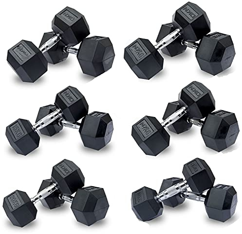 Dumbbells Weights Hex Dumbbell Set Hexagonal Rubber Dumbell with Metal Handles Anti-Rolling Weightlifting Bodybuilding Exercise Fitness Workout Training Home Gym 5-20kg Pairs (7.5kg x 2 Dumbbells)