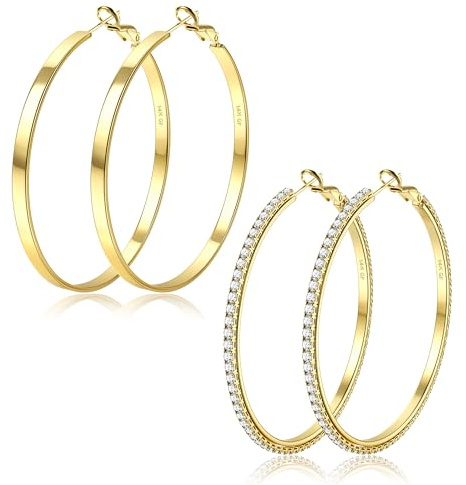 BESTEEL 2Pairs Hoop Earrings for Women 14K Gold Plated Large Hoop Earrings Hypoallergenic 925 Sterling Silver Post Thin Hoops Set Lightweight 30/40/50/60/70mm