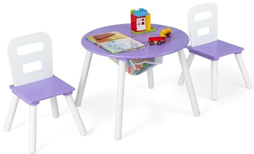 DREAMADE Ensemble Table et 2 Chaises pour Enfants,Table Rond Enfant avec 2 Chaises Ergonomique en Bois&Couvercle Amovible&Filet de Rangement,Charge 50KG(Violet)