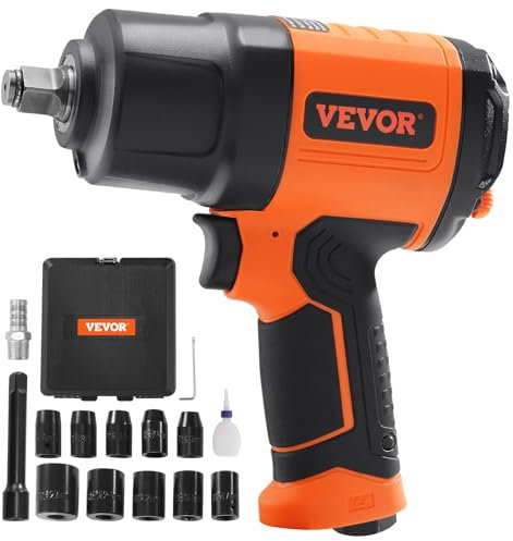 VEVOR Llave de impacto de aire accionamiento cuadrado 1/2 pistola de impacto ligera par de aflojamiento de 1400 pies-libras con 11 vasos de impacto de acero CR-V para camiones, mecánico profesional