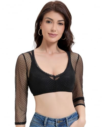 Trachtland Blusa Dirndl Mujer Manga Larga para Traje Tradicional Oktoberfest Elegante Transparente con Escote en V Negro Talla 34-44