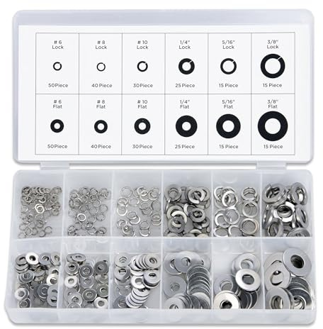 NEIKO 50400A Stainless Steel Lock and Flat Washer Assortment | 350 Piece Set | 12 Different Sizes in Spring Lock and Flat Design | Prevent Loose Fasteners