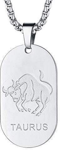 FaithHeart Collier Pendentif Femme Signe Astrologique Taureau Acier Inoxydable Plaque Militaire du Zodiaque Médaille Chaîne Ajustable 55cm