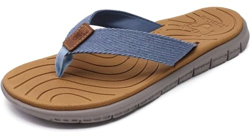 KuaiLu Chanclas Mujer Verano Playa Piscina Cuero y Tela Flip Flops Señoras Comodas Piel Planas Caminar Sandalias De Dedo Antideslizante Yoga-Espuma Chancletas Jeans 40