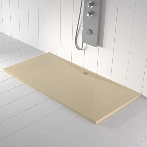 Plato de ducha de mármol, color crema RAL1015, desagüe lateral, superficie de efecto pizarra, serie Niza, Slim 3 cm, revestimiento de gelcoat, antideslizante