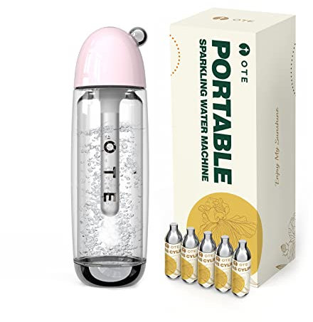 OTE Machines à eau Pétillante et Sodas avec 20 Cylindres de CO2 Double Couche PET Portable Soda Streaming Machine Safe 450 ml Personal PET Seltzer Stream Carbonator Pas d'électricité Sans BPA (Rose)