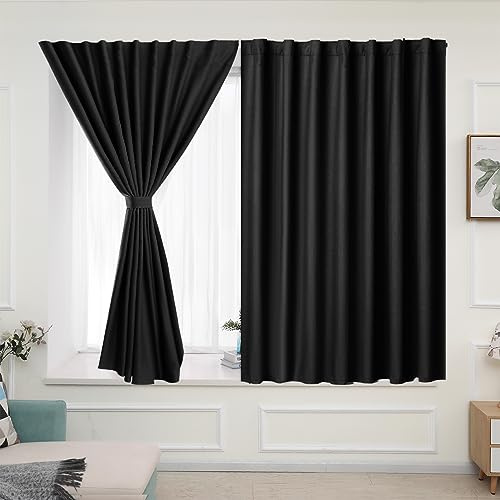 Muamar Mörkläggningsgardin, 2 stycken, självhäftande, för små fönster, badrum, husbil, dörr, kök, värmeisolerad, svart, 74 x 76 cm (B x L)