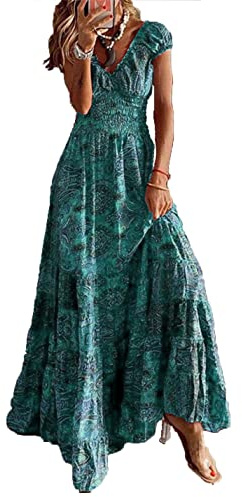 ABYOVRT Robe Maxi D'été pour Femme Bohème Robe de Vacances Col V à Fleur Manches Courtes Robe de Soiree Party Plage