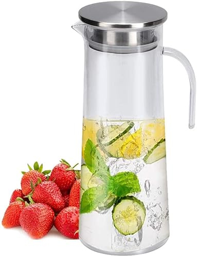 Oceano Brocca Caraffa plastica acrilica Pet con coperchio beccuccio versatore succhi frutta bevande acqua bibite sangria tè freddo caldo cocktail doppio foro in acciaio inossidabile (1.3L)