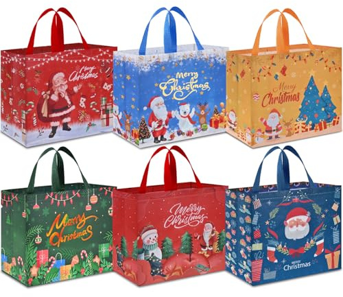 AhfuLife 6pcs Grandi Borsa Regalo di Natale, 36×40×15cm, Sacchetti di Natale Riutilizzabile in Tessuto Non Tessuto, Borse per la Spesa Natalizi, Sacchetti con Manico per Confezioni di Regali