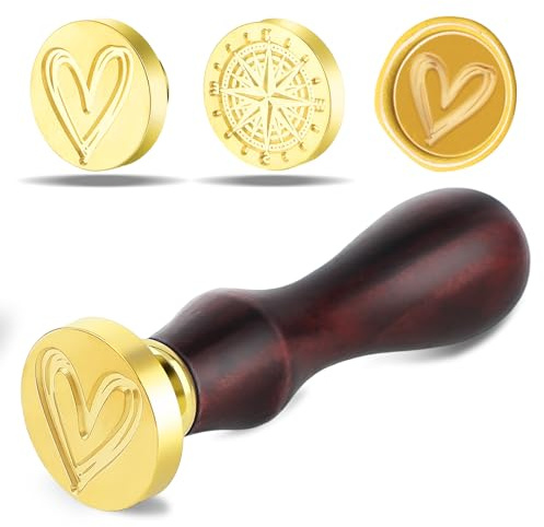 Amabro Wax Seal Stamp, 2PCS Vintage Removable Brass Head 1PCS Retro Rosewood Handle Sealing Wax Stamp for Wedding Party Invitation Gift Wrap Envelope Christmas Thanksgiving Card(Heart, Compass)