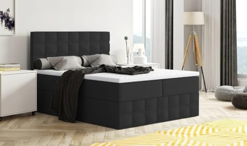 Generisch Moderne Boxspringbett MERA Premium Bett mit Bettkasten Ziernähten Bonell Matratze H3 Federkern Topper Polsterbett Doppelbett Schlafzimmer (Schwarz - Aura 18, 200x200)