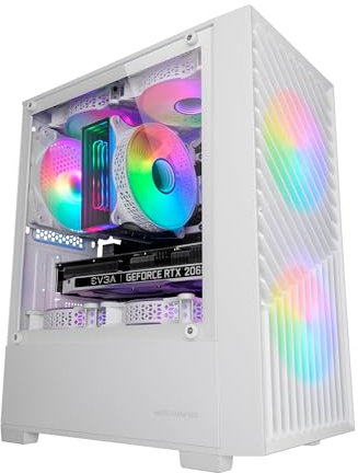 Mars Gaming MC- Vortex, Caja Gaming MicroATX, Frontal Mesh Geométrico, Ventana Lateral Cristal Templado, 3X Ventiladores FRGB Rainbow 120mm, Minitorre PC Compacta con Diseño Doble Cámara, Blanco