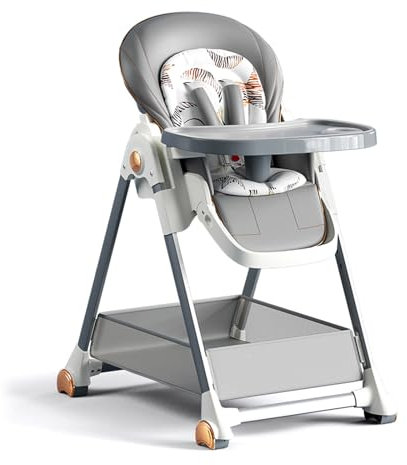 Sianldcone Trona Bebe de Cuero PU Con Bandeja Extraíble de Doble Capa, Asiento Regulable y Plegable (808 Grey)