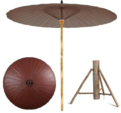 Ombrello giapponese fatto a mano in carta oleata, ombrellone da giardino retrò per uso esterno, include base, diversi colori disponibili, Marrone, 200cm/6.56ft