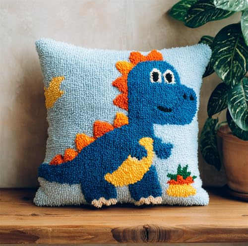 Taxpy DIY Latch Hook Kits 17X17 Inch, Dinosaur Pattern Printed Throw Pillow Case Cushion Cover - Home Decoration Crochet Needlework Crafts with Latch Hook Tool for and Adults