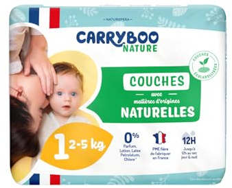 CARRYBOO Nature - Couches Taille 1 (2-5kg) - Peaux sensibles - Naturelles et Ultra absorbantes - 12h Anti-fuites - Sans ingrédients indésirables - Fabriquées en France - Pack naissance de 24 Couches