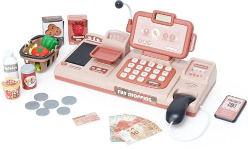Cassa Giocattolo per Bambini,Scanner con Effetti Sonori,Giocattoli Educativi di Ruolo,con Cibo,Cestino Della Spesa e Negozio,Adatto a Bambini e Bambine dai 3 anni in su