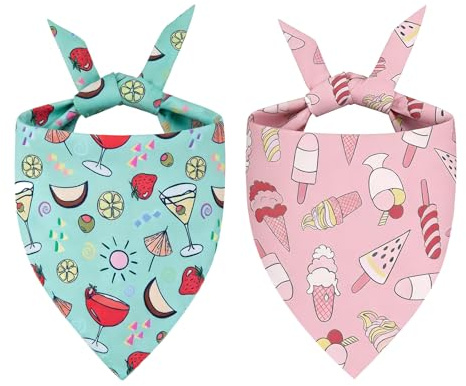 Bestwist Summer Dog Bandanas, 2 Pack Double-Sided Ice Cream and Fruit Print Adjustable Triangle Puppy Scarf for Small Medium Large Dogs, Washable Pet Neckerchief for Beach Vacations and Photo Props