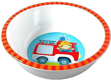 HABA 303693 - Schüssel Feuerwehr, rutschfeste Kinderschüssel aus Melamin mit Feuerwehr-Motiv, spülmaschinengeeignet