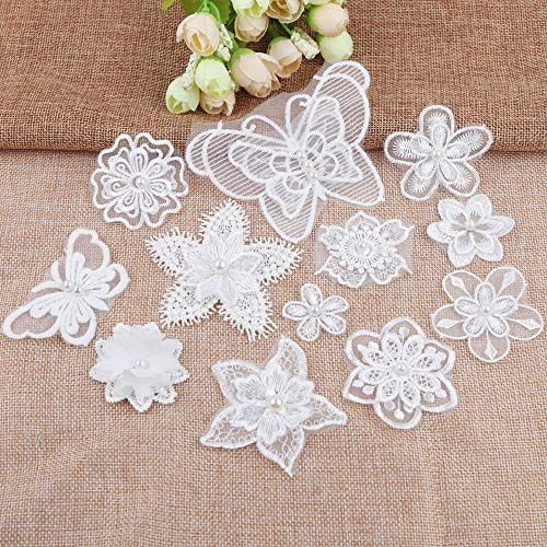 12 pezzi di pizzo organza ricamo bianco perline farfalle fiori applique toppe adesivi toppe da cucire ricamate fai da te e decorazione vestiti tovaglia borse sciarpa