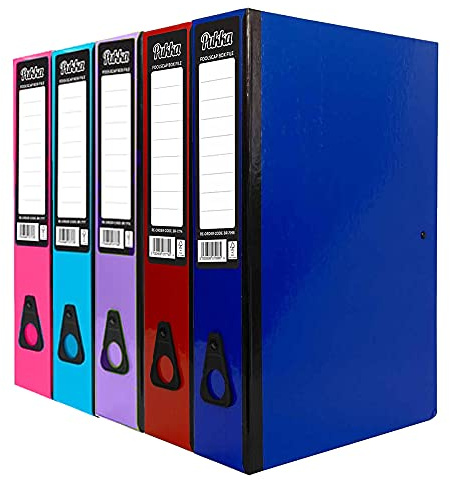 Set of 5 Pukka Foolscap Glossy Box Files with Document Clip & Push Lock School Work Office 70mm Deep, Purple, Navy, Pink, Red, Blue