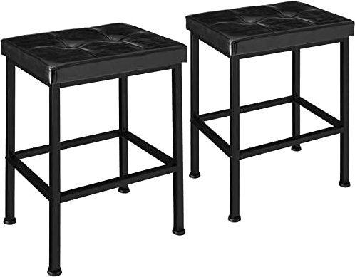 tectake 2er Set Barhocker, Barstuhl in Industrie-Optik, Kunstlederbezug mit Stofffalten und Knöpfen, 40 x 30 x 62 cm, gepolsterter Bistrohocker mit Fußstütze, schwarzes Metallgestell