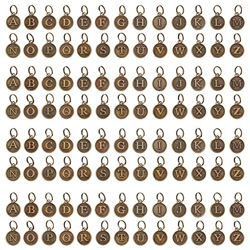 PandaHall 104 Stück A~Z Alphabet Anhänger Metall Buchstabenanhänger 12mm Flach Rund Buchstabenanhänger Vintage Letter Charms Anfangsanhänger Für Armbänder Halskette Name Schmuckherstellung