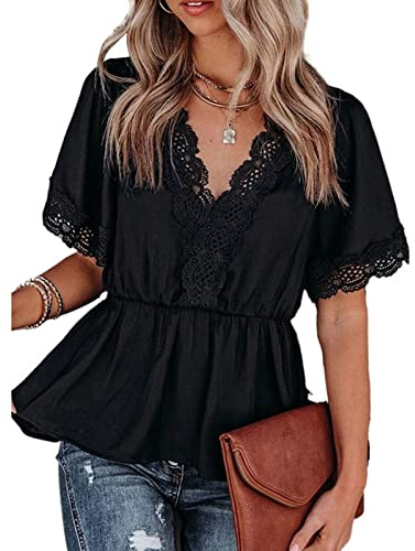 Naroote Top Peplum de Encaje, Escote en V, Volantes, Cintura Elástica, Lavado a Mano, Peplum de Ganchillo Cómodo (M)