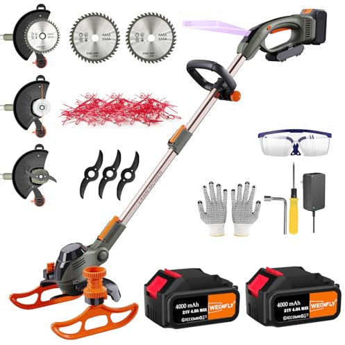 WeGofly Desbrozadora inalámbrica (2 baterías de 21 V 4,0 A y cargador rápido), 4 en 1, cortadora de bordes de rueda, minicortadora de césped, con 2 hojas de sierra, 3 cuchillas de metal, 30 hilos de