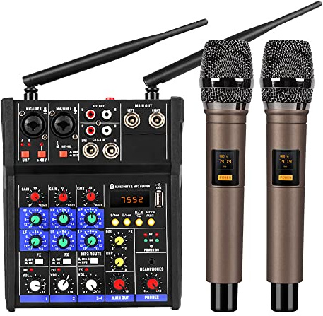 Ljudmixerkanal, professionell ljudmixer, 4-kanals ljudmixer, professionell digital DJ-mixerkonsol med trådlös mikrofon, portabel studioljudmixerbord for liveinspelning
